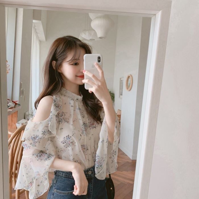French Style Temperament Design Sense Shoulder Floral Shirt 2023 Spring And Arrival Watch Machine Loose Slimming Chiffon Shirt - Image 3